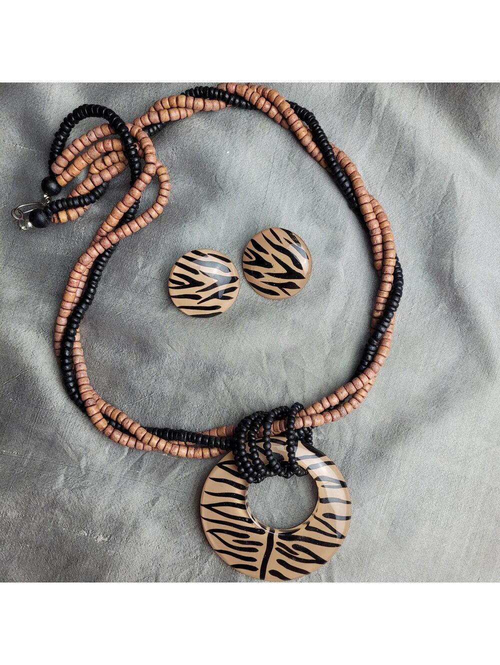 Tiger Animal Print Beaded Necklace and Earrings Set